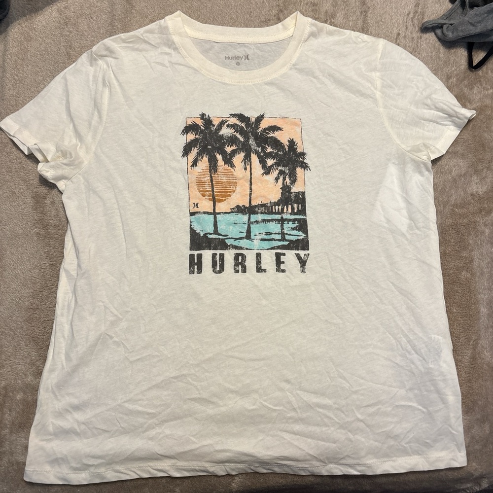 Hurley White Tee with Tropical Sunset Graphic